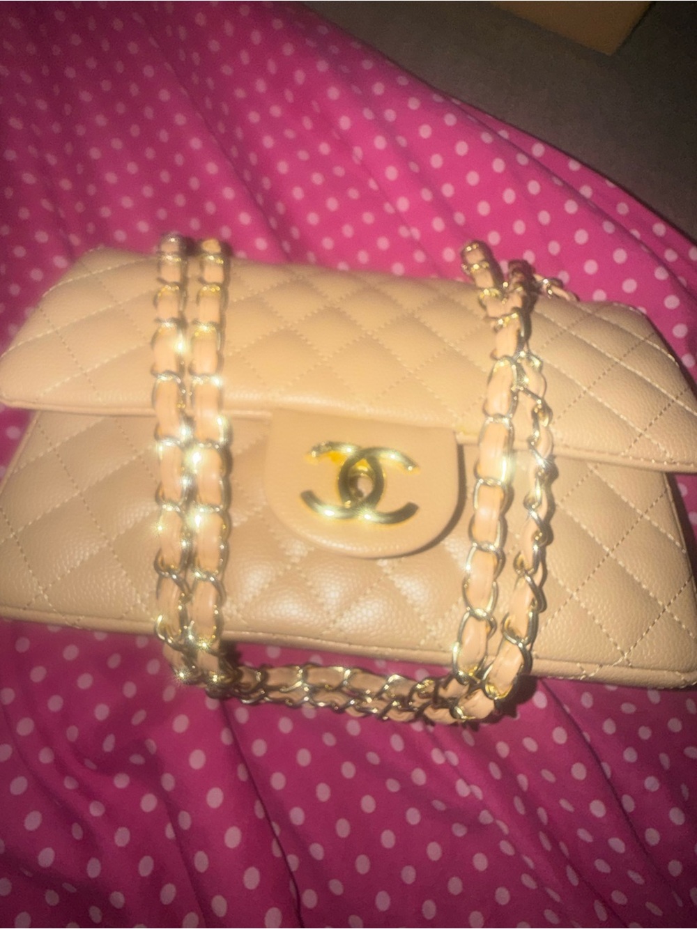 CHANEL Beige Quilted Leather Shoulder Bag with Gold Chain